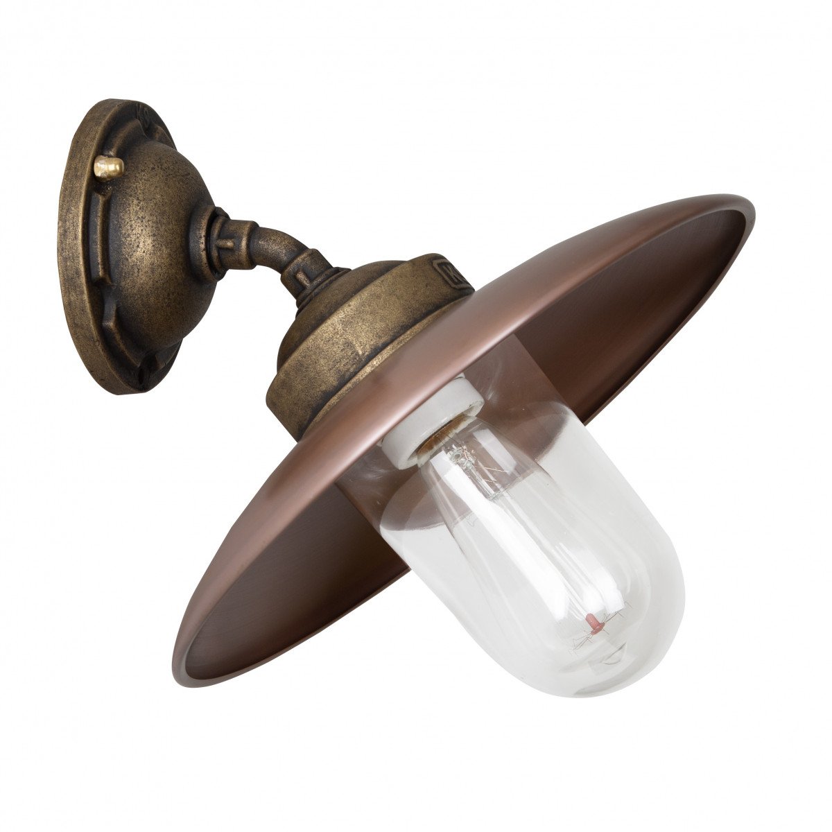 Landes wandlamp met bronzen muursteun, koperen kap en helder stolpglas, klassieke buitenverlichting.