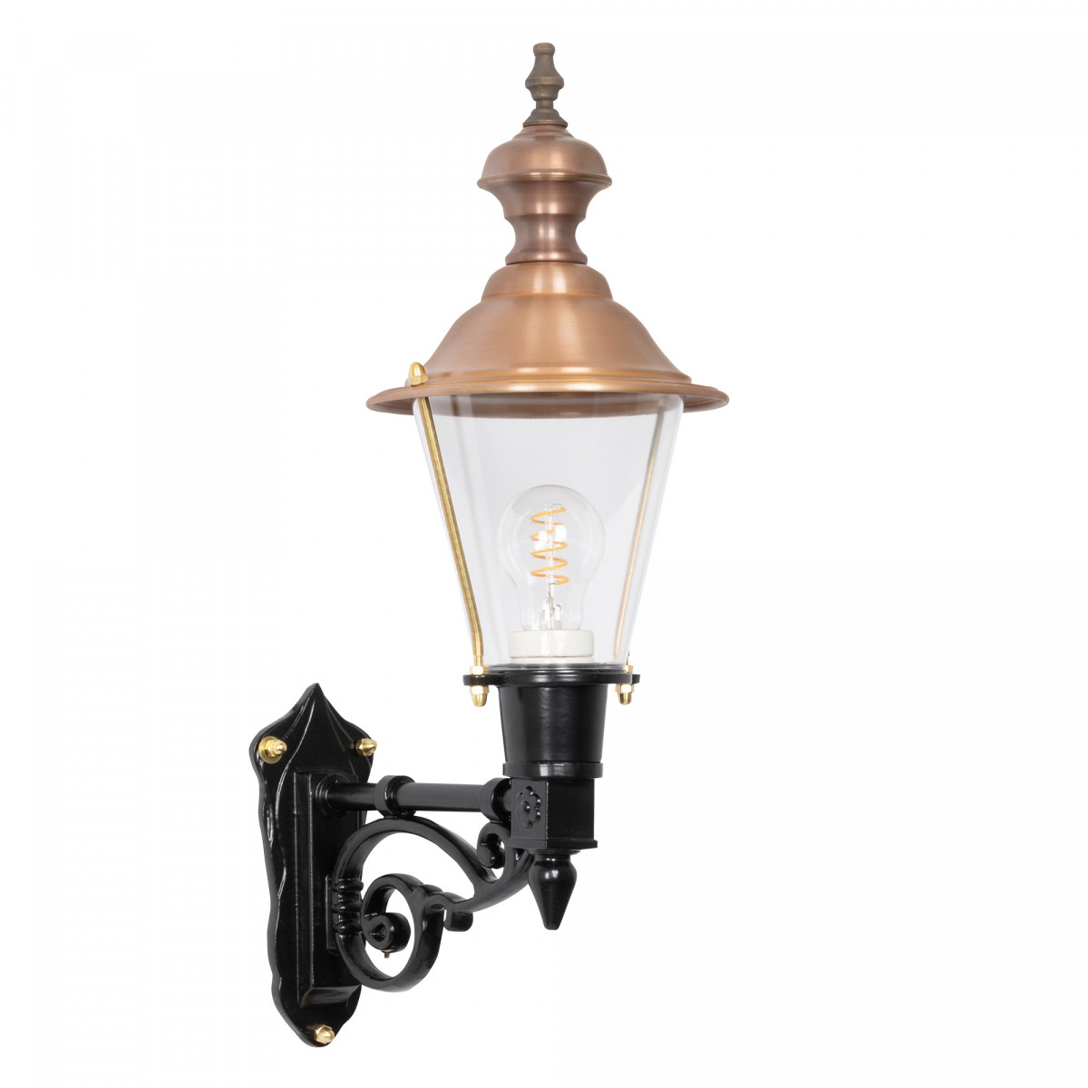 Buitenlamp Edam M met koperen deksel, groene wandarm en helder kunststof glas