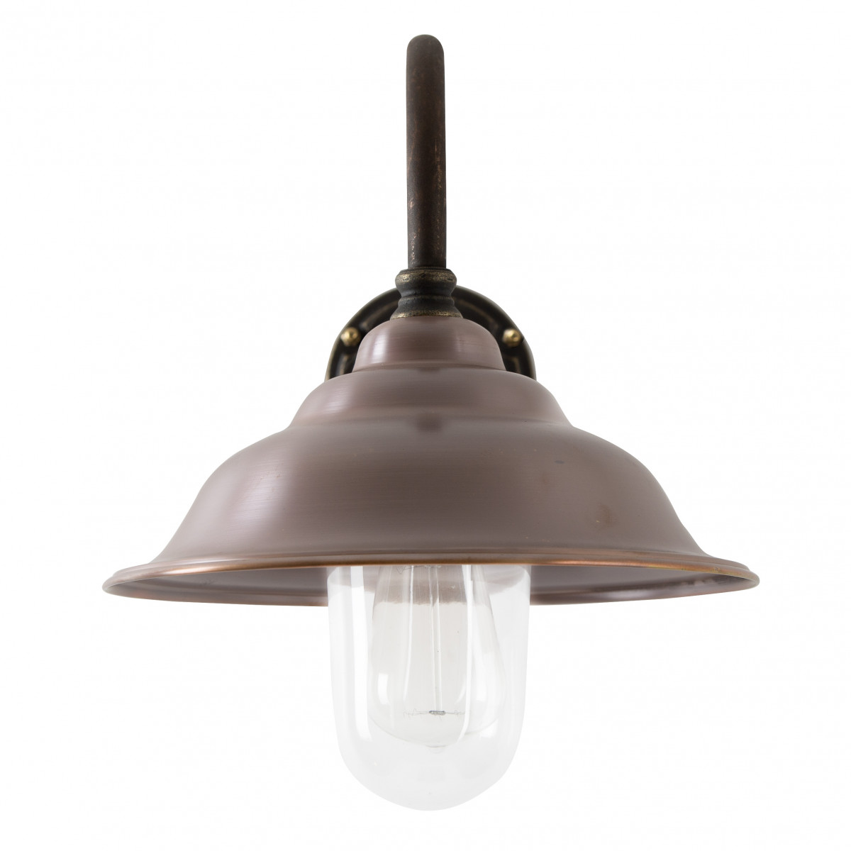 Klassieke stallamp brons koper met gebogen wandarm en heldere beglazing, prachtige buitenlamp van KS Verlichting.