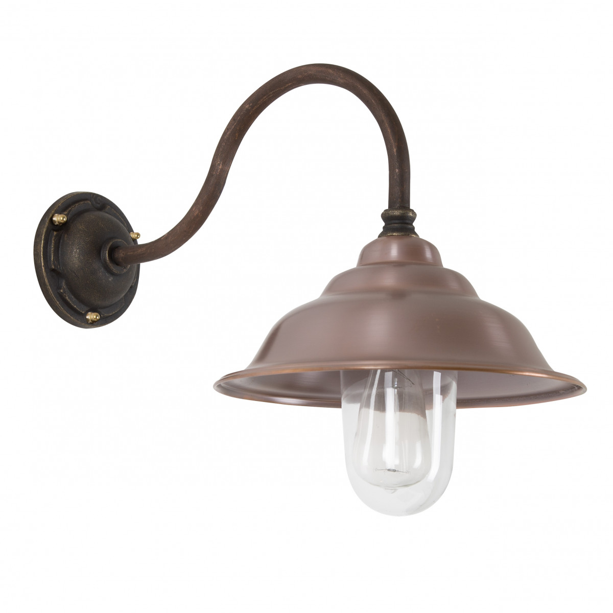 Klassieke stallamp brons koper met gebogen wandarm en heldere beglazing, prachtige buitenlamp van KS Verlichting.