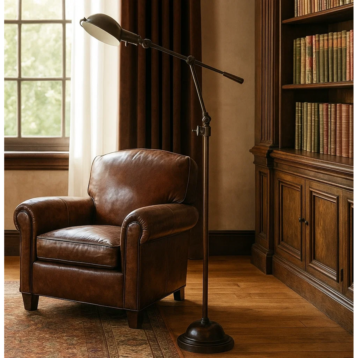 Royce vloerlamp uit de Ambiance-serie in Brons, uitgevoerd in messing met beweegbare arm en retro tuimelschakelaar.