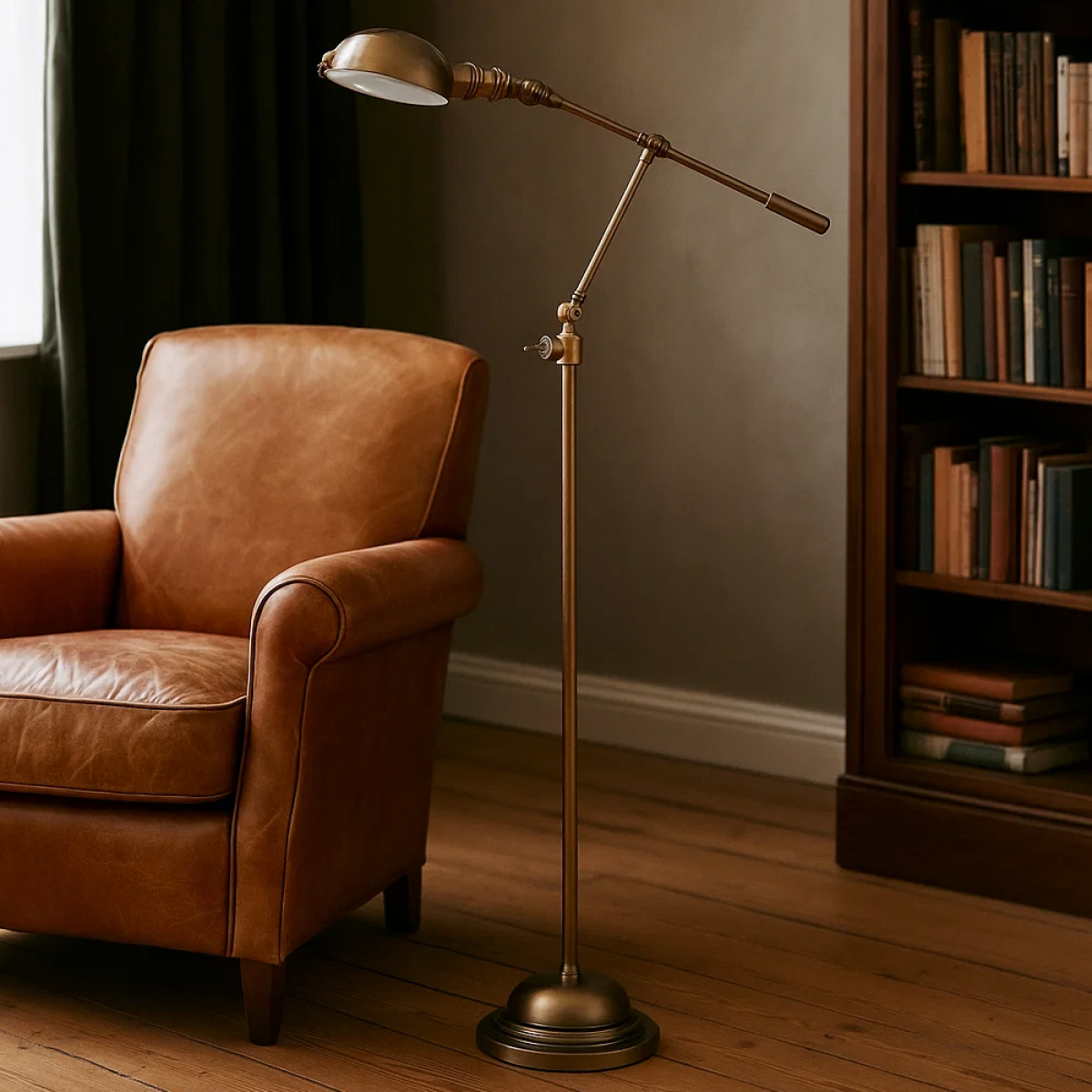 Royce vloerlamp, Ambiance-serie, Antiek Messing, uitgevoerd in messing,, beweegbare arm en warme, klassieke uitstraling.