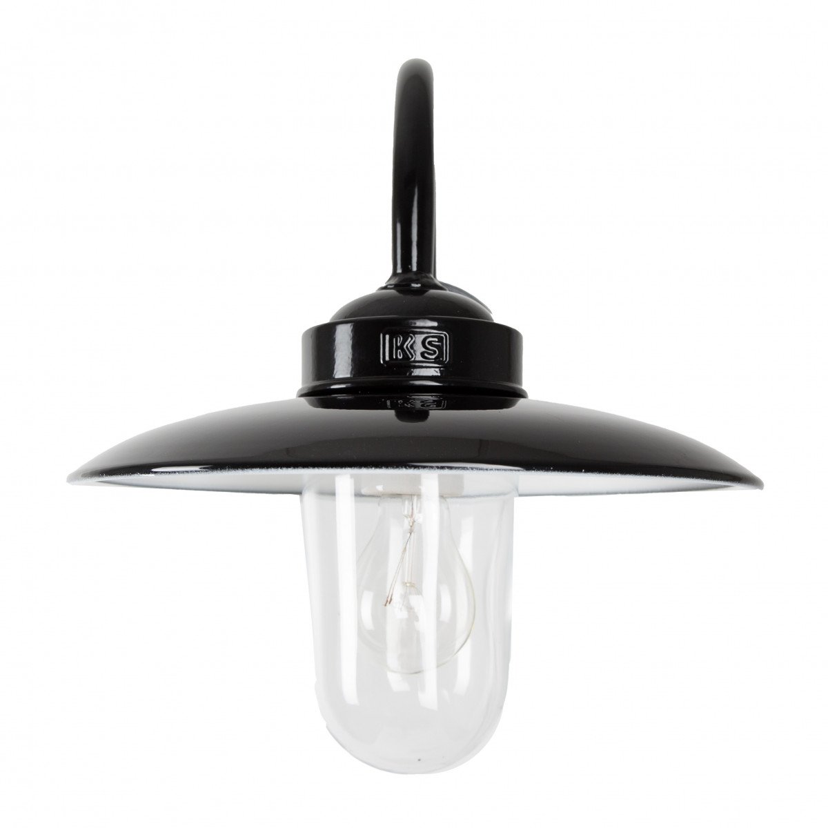 Muurlamp Solingen met zwanenhals in hoogglans zwart en witte binnenzijde, voorzien van heldere glazen stolp.