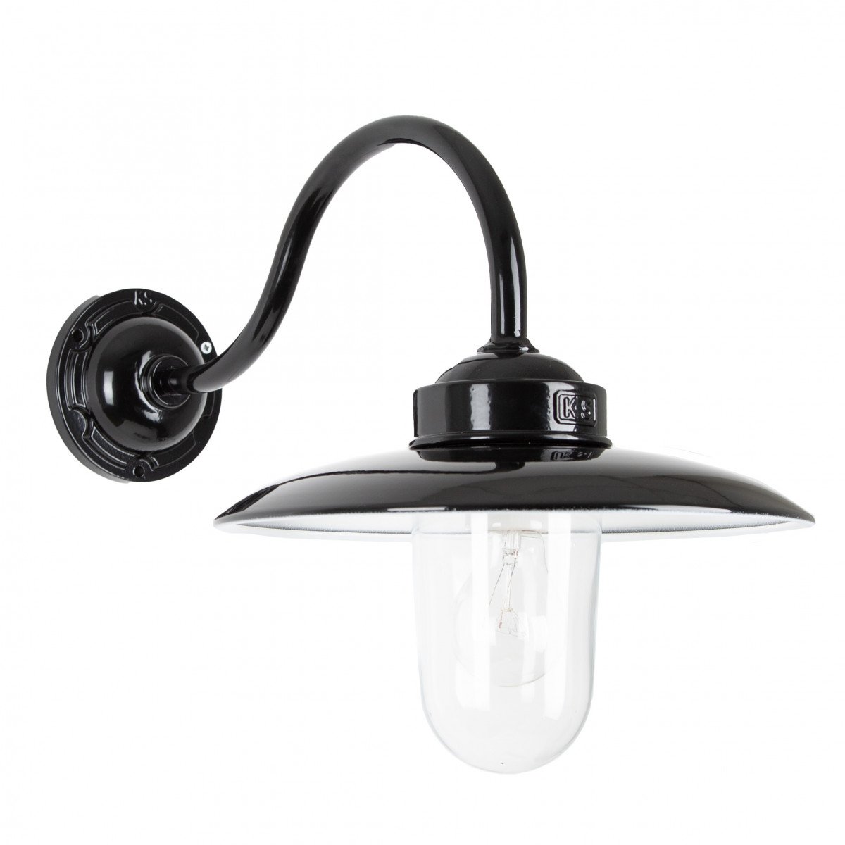 Muurlamp Solingen met zwanenhals in hoogglans zwart en witte binnenzijde, voorzien van heldere glazen stolp.