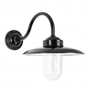 Muurlamp Solingen met zwanenhals in hoogglans zwart en witte binnenzijde, voorzien van heldere glazen stolp. Muurlamp Solingen met zwanenhals in hoogglans zwart en witte binnenzijde, voorzien van heldere glazen stolp.