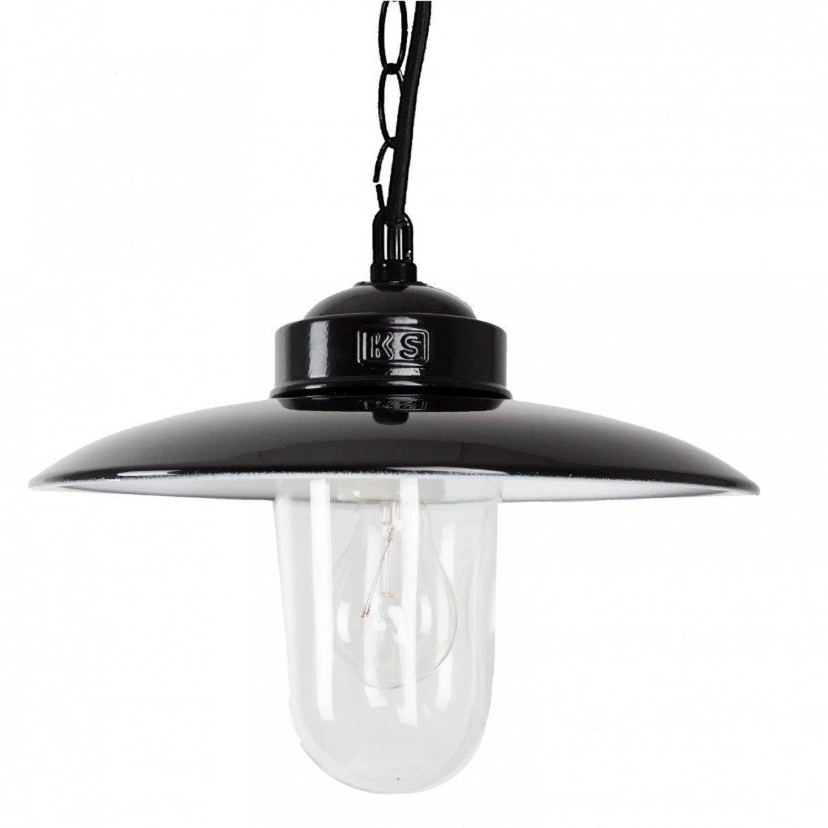 Zwarte Solingen kettinglamp met aluminium kap en glazen stolp – veranda hanglamp retrostijl