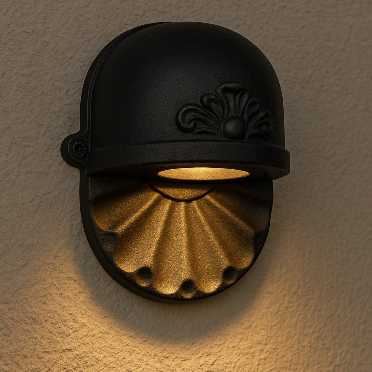 Tramonto Zwart wandlamp van KS – aluminium muurlamp met schelpdetail, geschikt voor binnen- en buitengebruik , GU10.