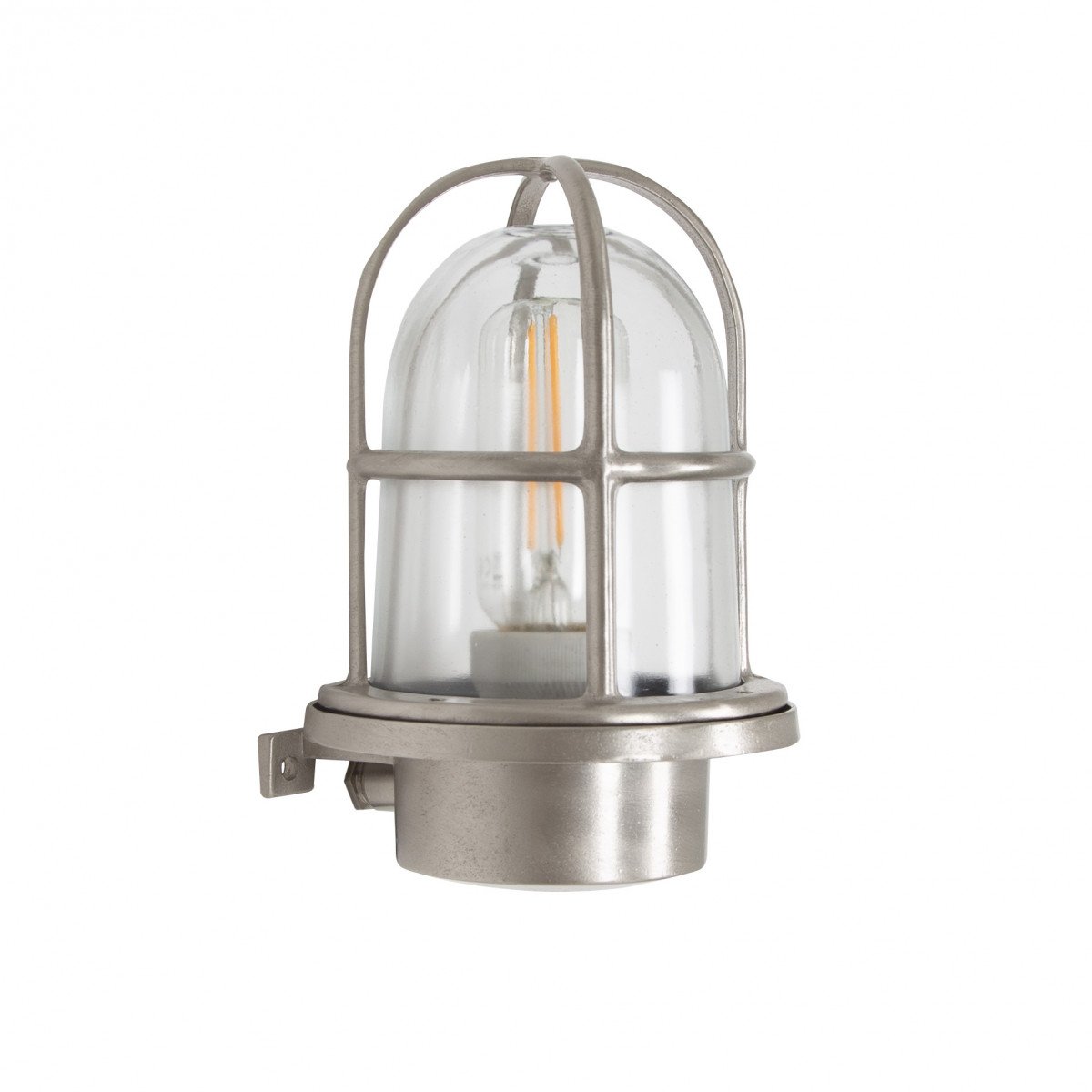 messing scheepslamp rond met helder glas voor aan de muur voorzien van raster in de kleur nikkel