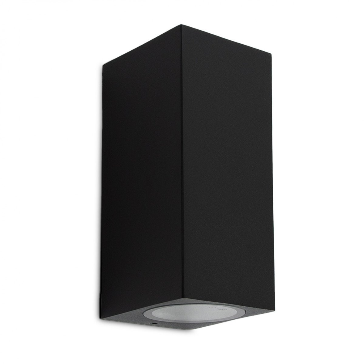 Geo wandlamp zwart aluminium, compacte up- & downlighter voor buiten met dubbele GU10 fitting en IP54-classificatie.