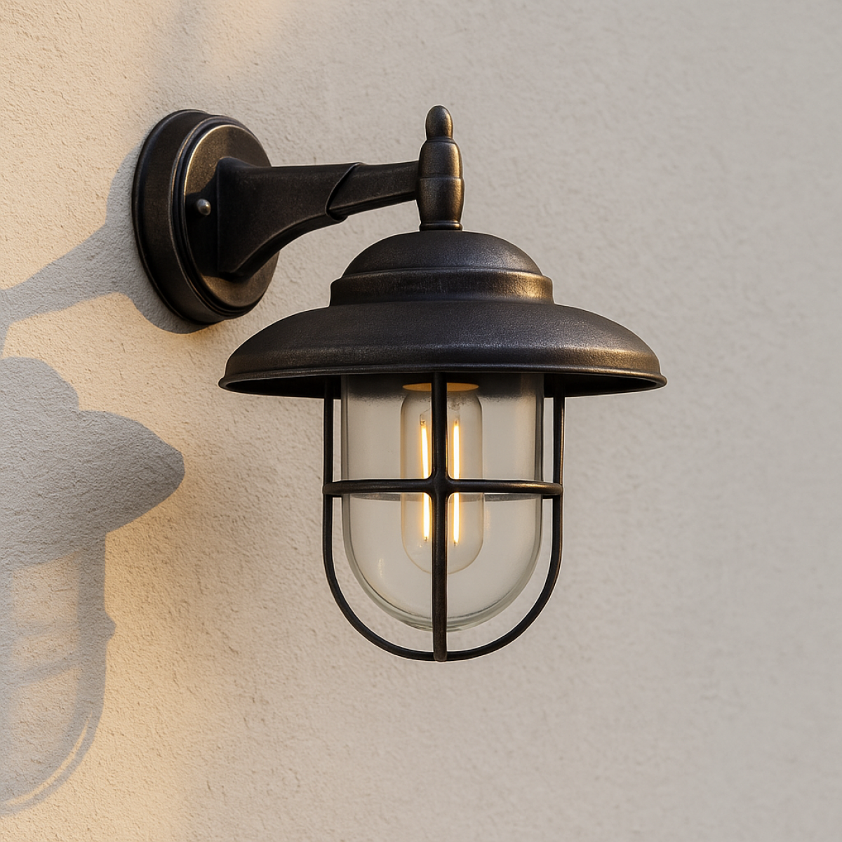 Monte wandlamp in antiek zwart met metalen kap, helder stolpglas en beschermend raster,E27 fitting, IP54-classificatie.