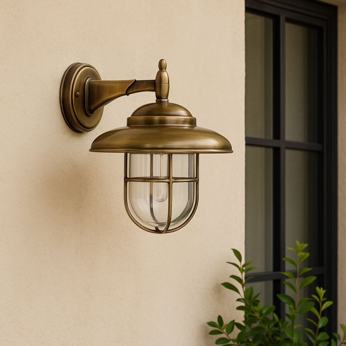 Monte buitenlamp van messin, helder stolpglas en beschermend raster.