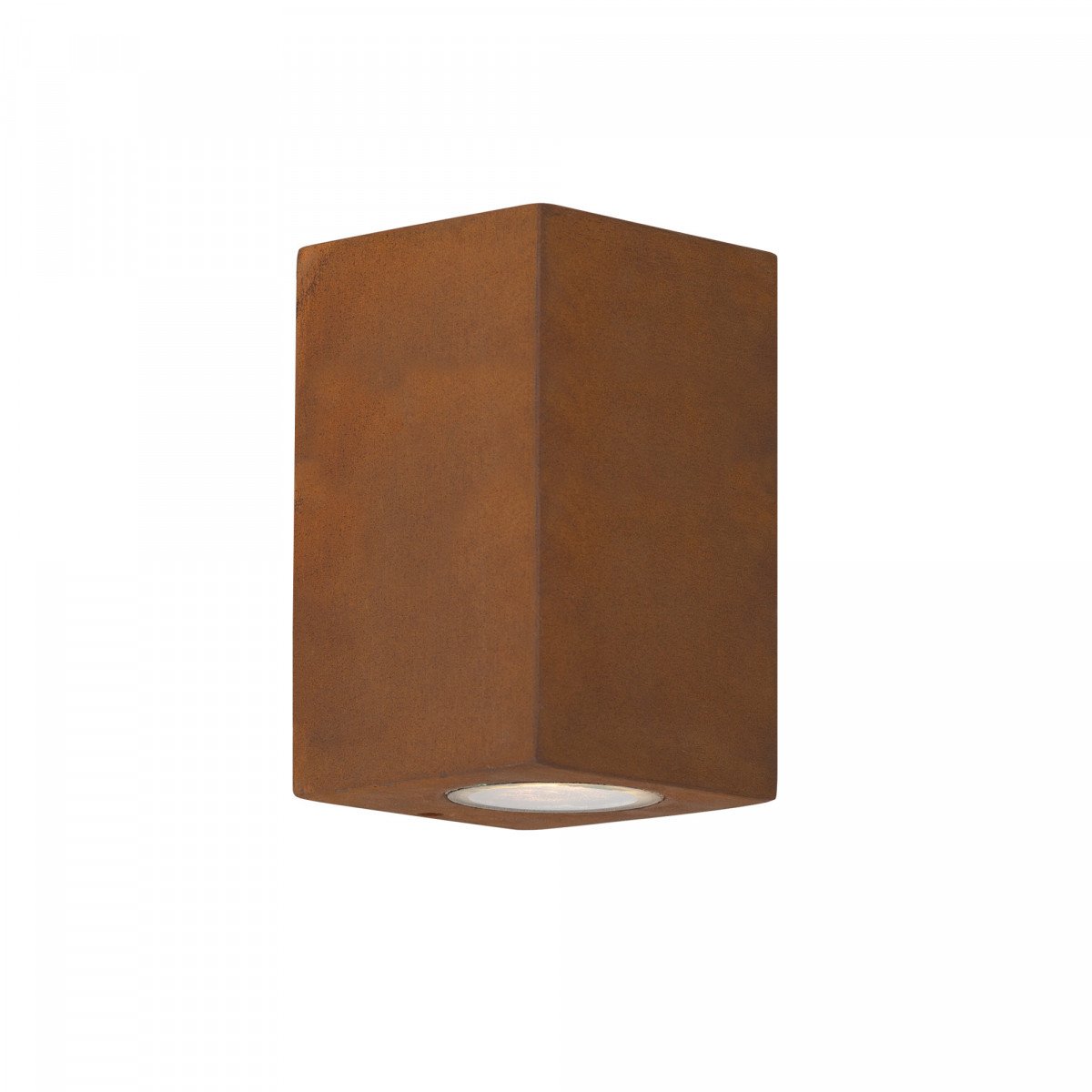 Geo wandlamp cortenstaal, compacte downlighter met GU10 fitting, natuurlijk roestend uiterlijk en IP44.