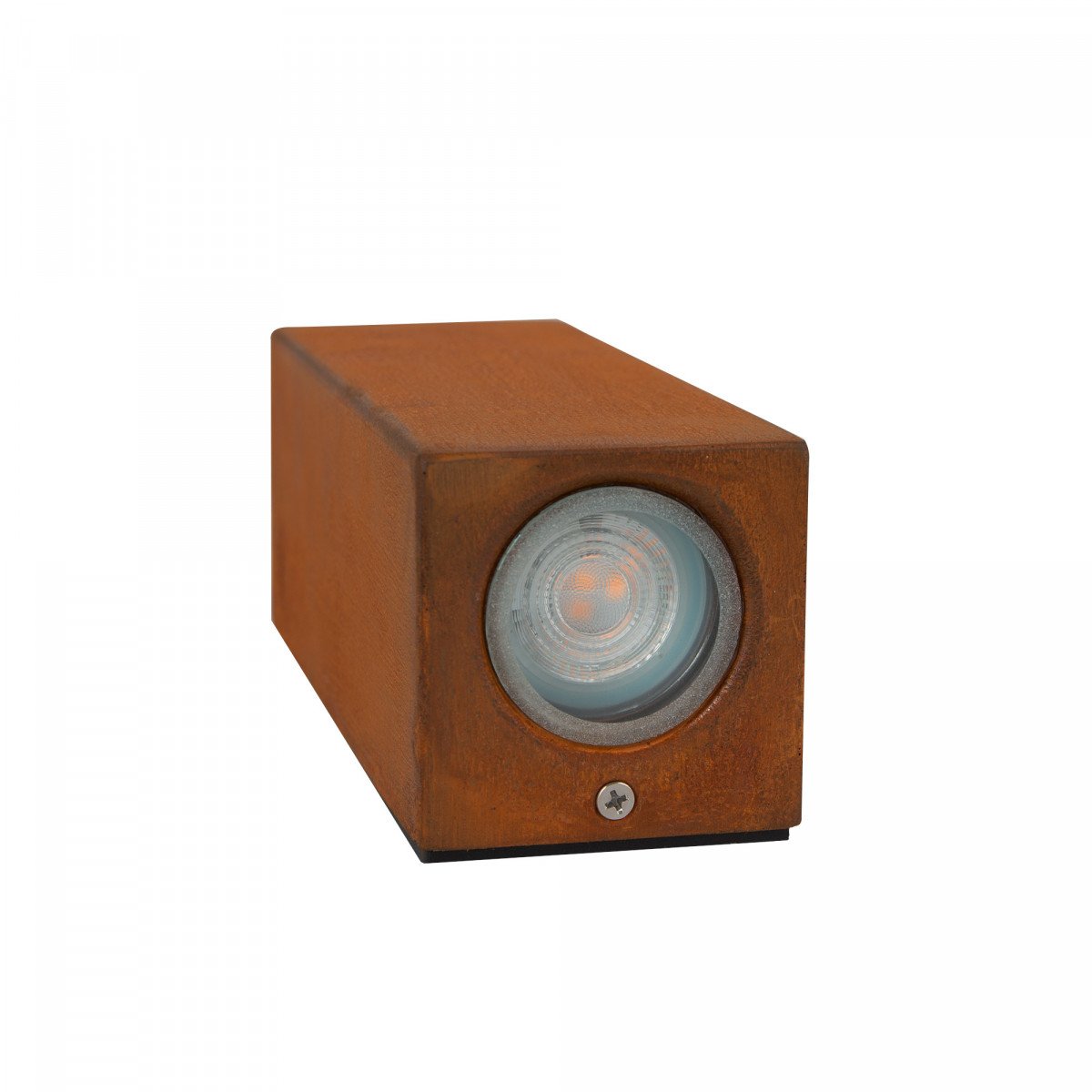 Geo wandlamp cortenstaal, compacte downlighter met GU10 fitting, natuurlijk roestend uiterlijk en IP44.