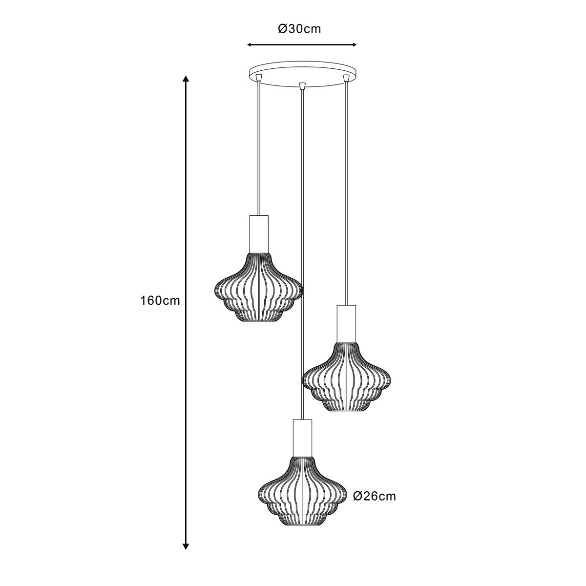 Asli 3-lichts Hanglamp Zwart Goud