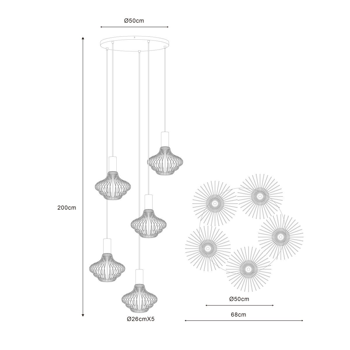 Asli 5-lichts Hanglamp Zwart Goud 