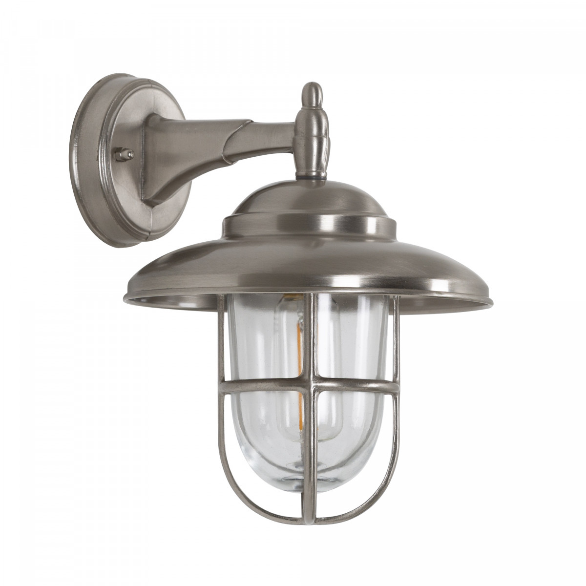 Monte buitenlamp, messing met nikkelfinish, glazen stolp, raster, E27 fitting. Klassiek met moderne uitstraling – IP54.