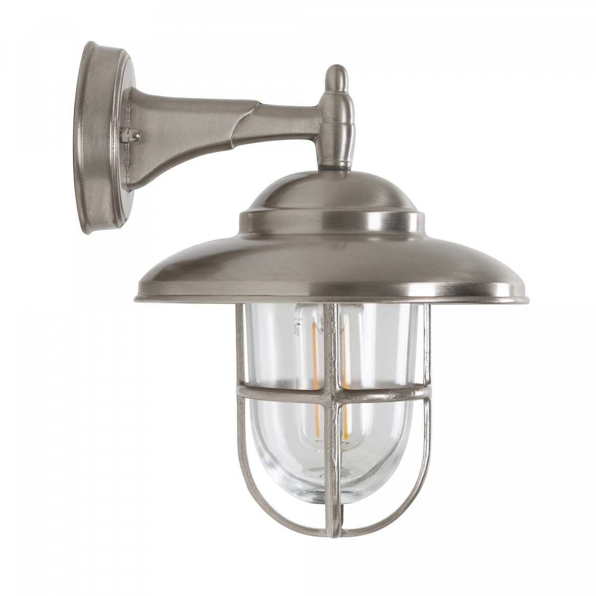 Monte buitenlamp, messing met nikkelfinish, glazen stolp, raster, E27 fitting. Klassiek met moderne uitstraling – IP54.