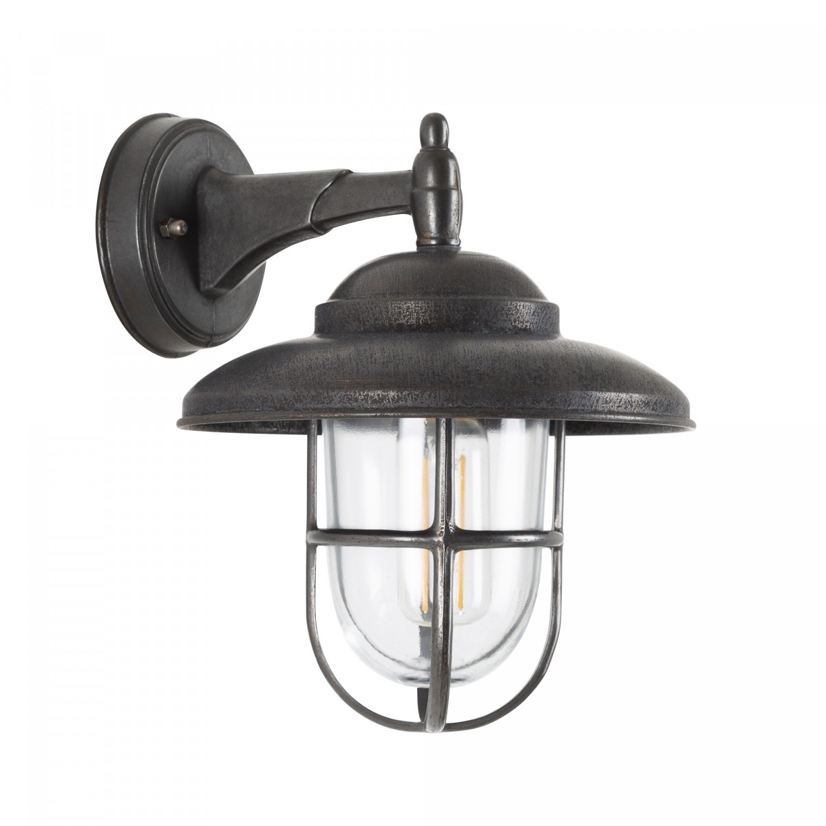 Monte wandlamp in antiek zwart met metalen kap, helder stolpglas en beschermend raster,E27 fitting, IP54-classificatie.