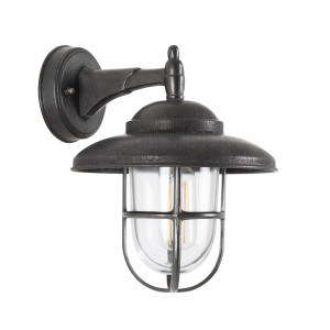 Monte wandlamp in antiek zwart met metalen kap, helder stolpglas en beschermend raster,E27 fitting, IP54-classificatie. Monte wandlamp in antiek zwart met metalen kap, helder stolpglas en beschermend raster,E27 fitting, IP54-classificatie.