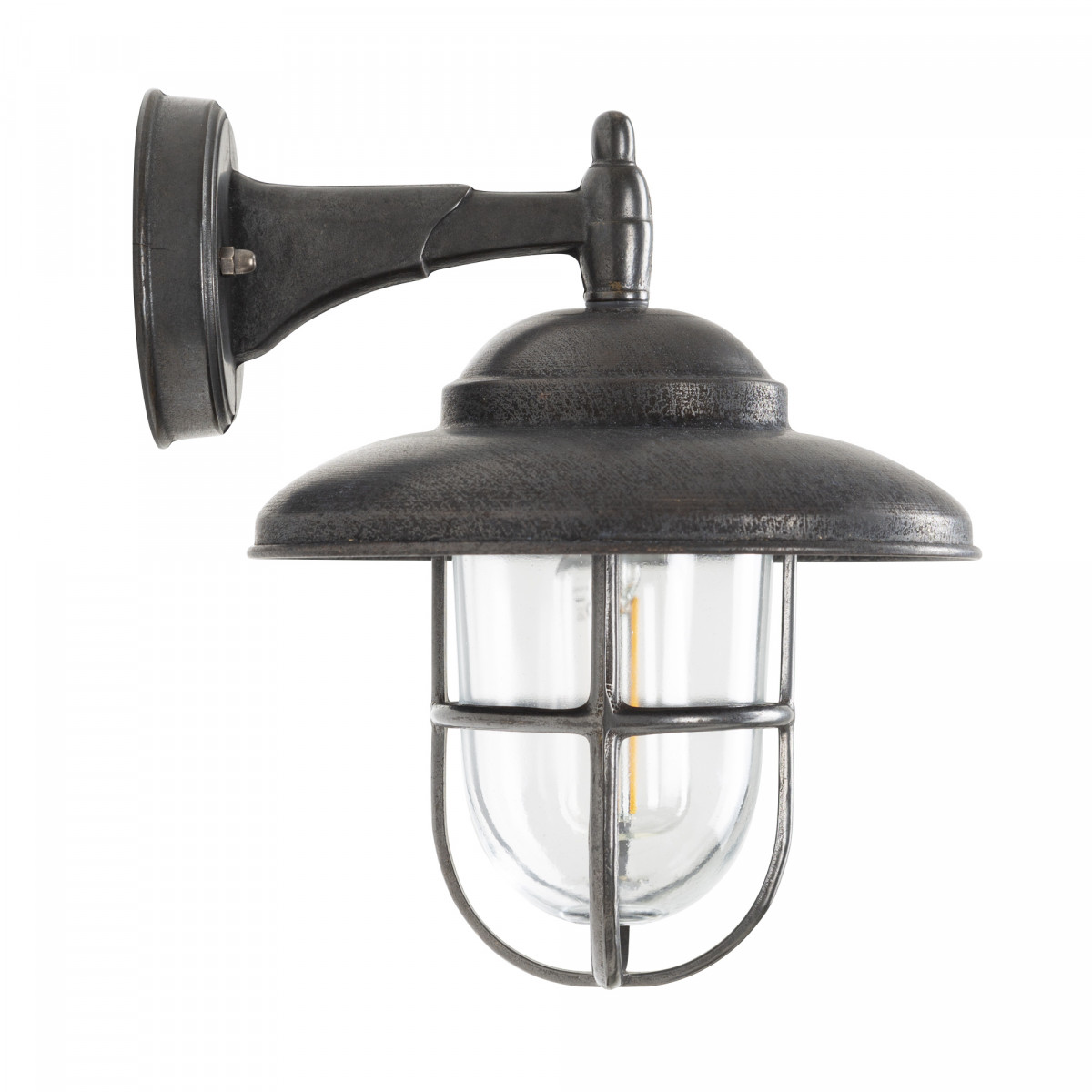 Monte wandlamp in antiek zwart met metalen kap, helder stolpglas en beschermend raster,E27 fitting, IP54-classificatie.
