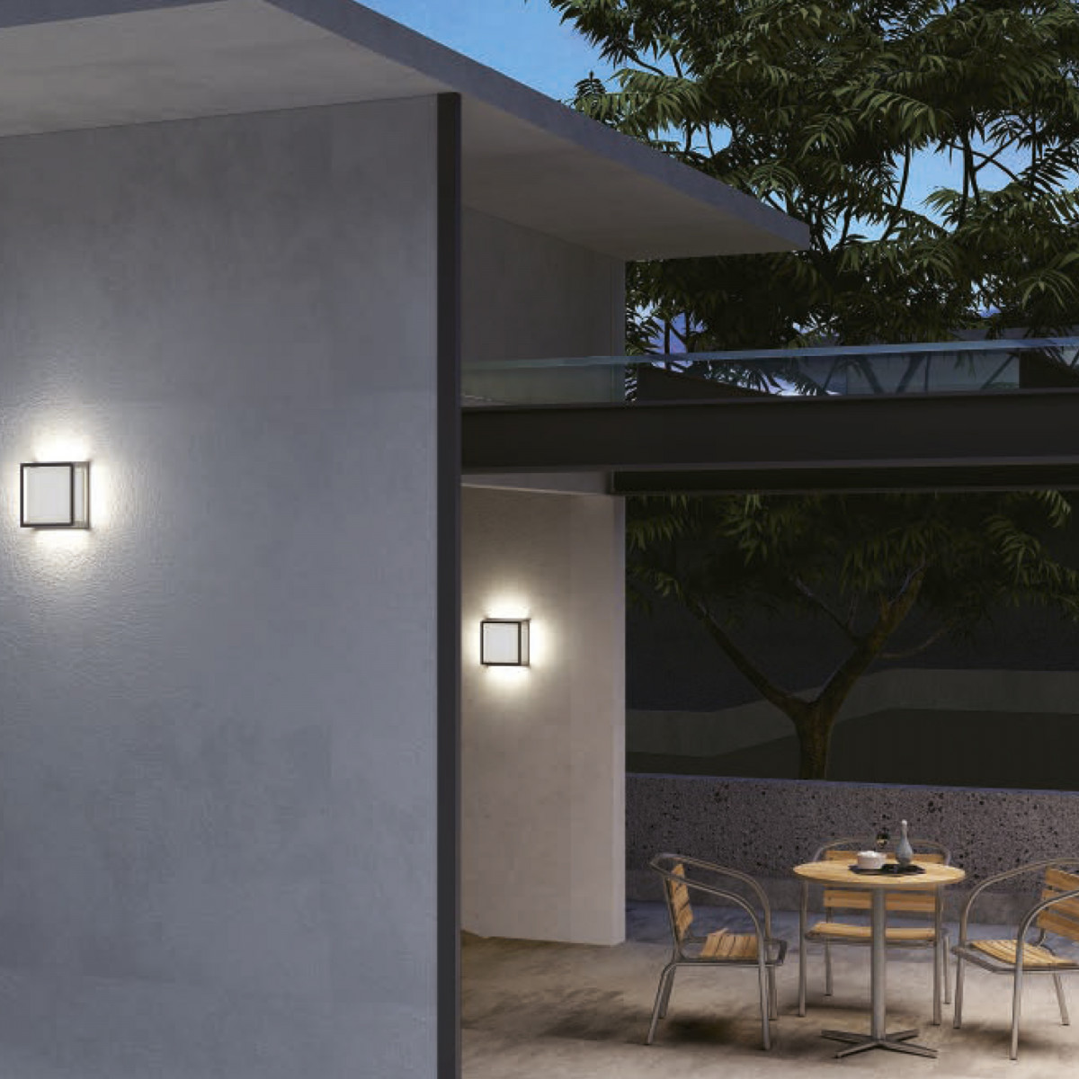 Bloc wandlamp en plafondlamp zwart, vierkant armatuur met 2x E27 en mat glas, geschikt voor buitengebruik.