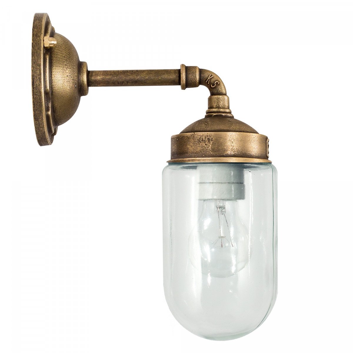 Wandlamp Ninety van KS Verlichting – bronzen wandarm met ronde rozet, glazen stolp, industriële buitenlamp, muurmontage