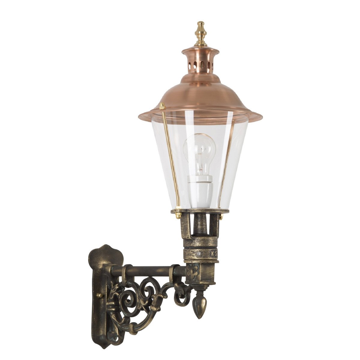 Muurlamp Scheveningen S van brons met koperen deksel en klassieke wandarm