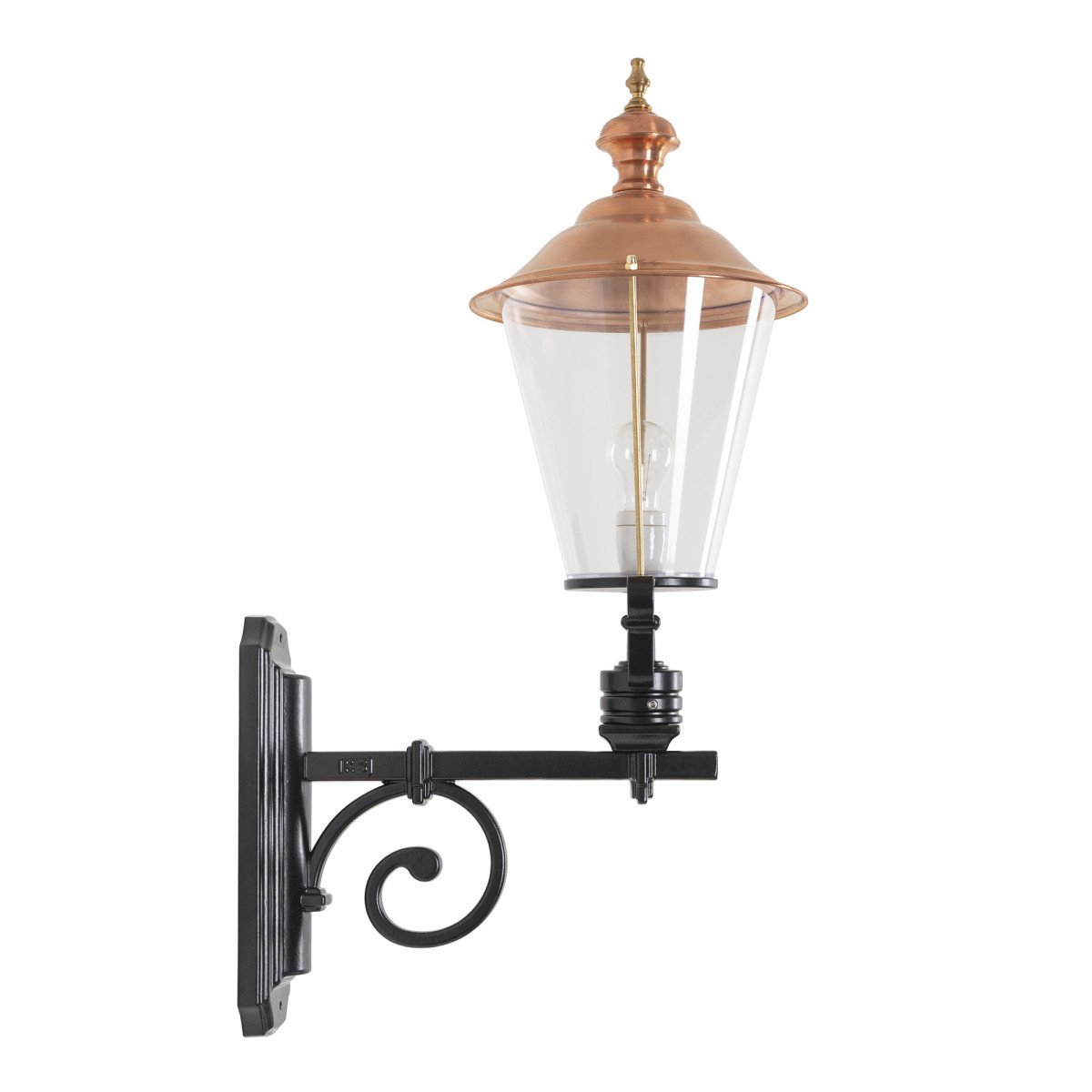 Buitenlamp Kortrijk met zwarte wandarm en koperen deksel, heldere kunststof kap