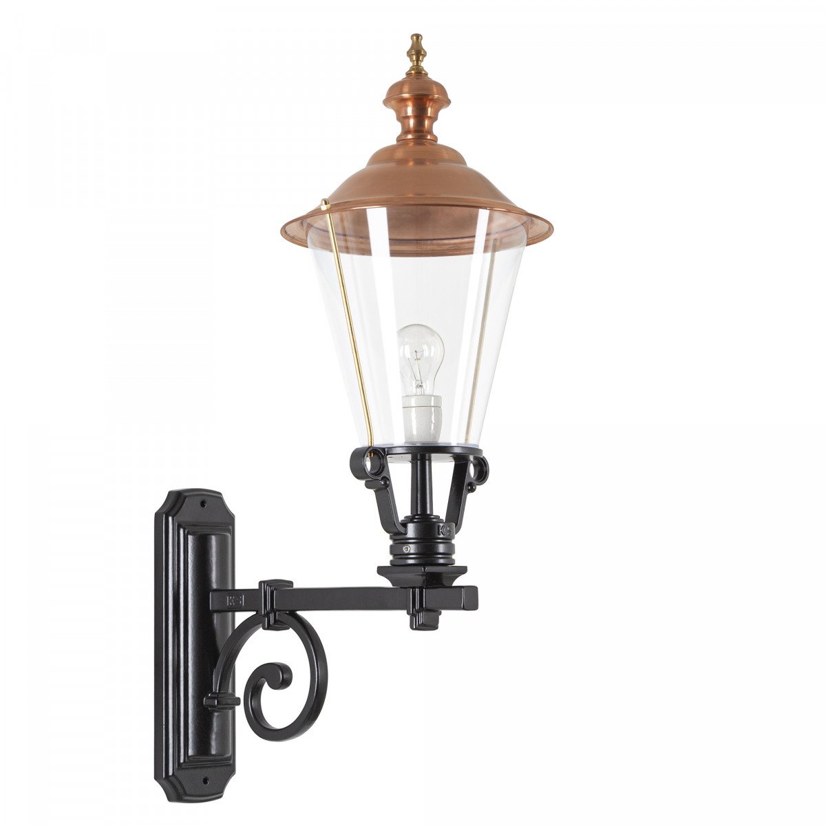 Buitenlamp Kortrijk met zwarte wandarm en koperen deksel, heldere kunststof kap