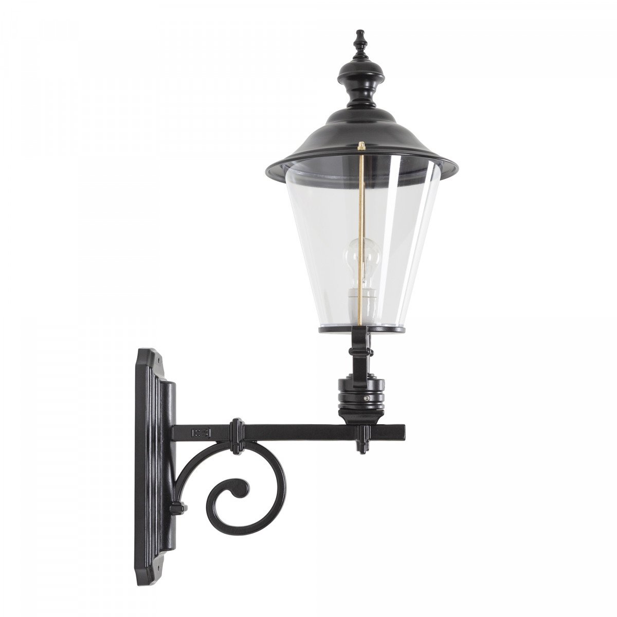 Buitenlamp Kortrijk met zwarte wandarm en koperen deksel, heldere kunststof kap