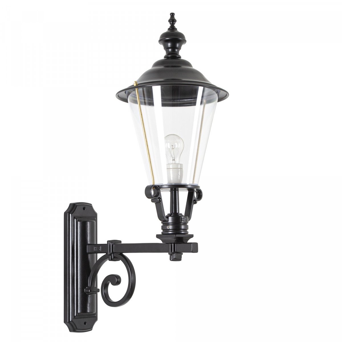 Buitenlamp Kortrijk met zwarte wandarm en koperen deksel, heldere kunststof kap
