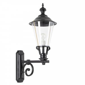 Buitenlamp Kortrijk met zwarte wandarm en koperen deksel, heldere kunststof kap Buitenlamp Kortrijk met zwarte wandarm en koperen deksel, heldere kunststof kap