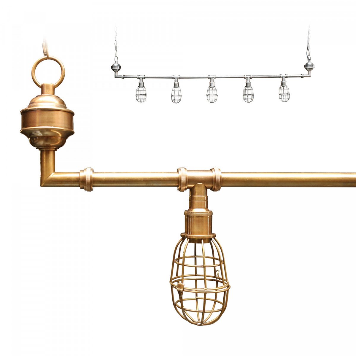 Industriële hanglamp Sandford antique brass 5-lights | Nostalux.nl
