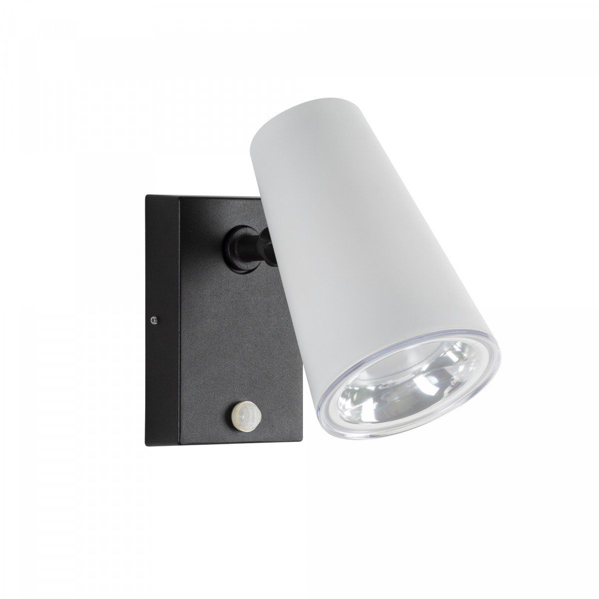 Verstelbare wandspot zwart/wit met sensor, buitenlamp met E27 fitting en gerichte bewegingsgestuurde verlichting.