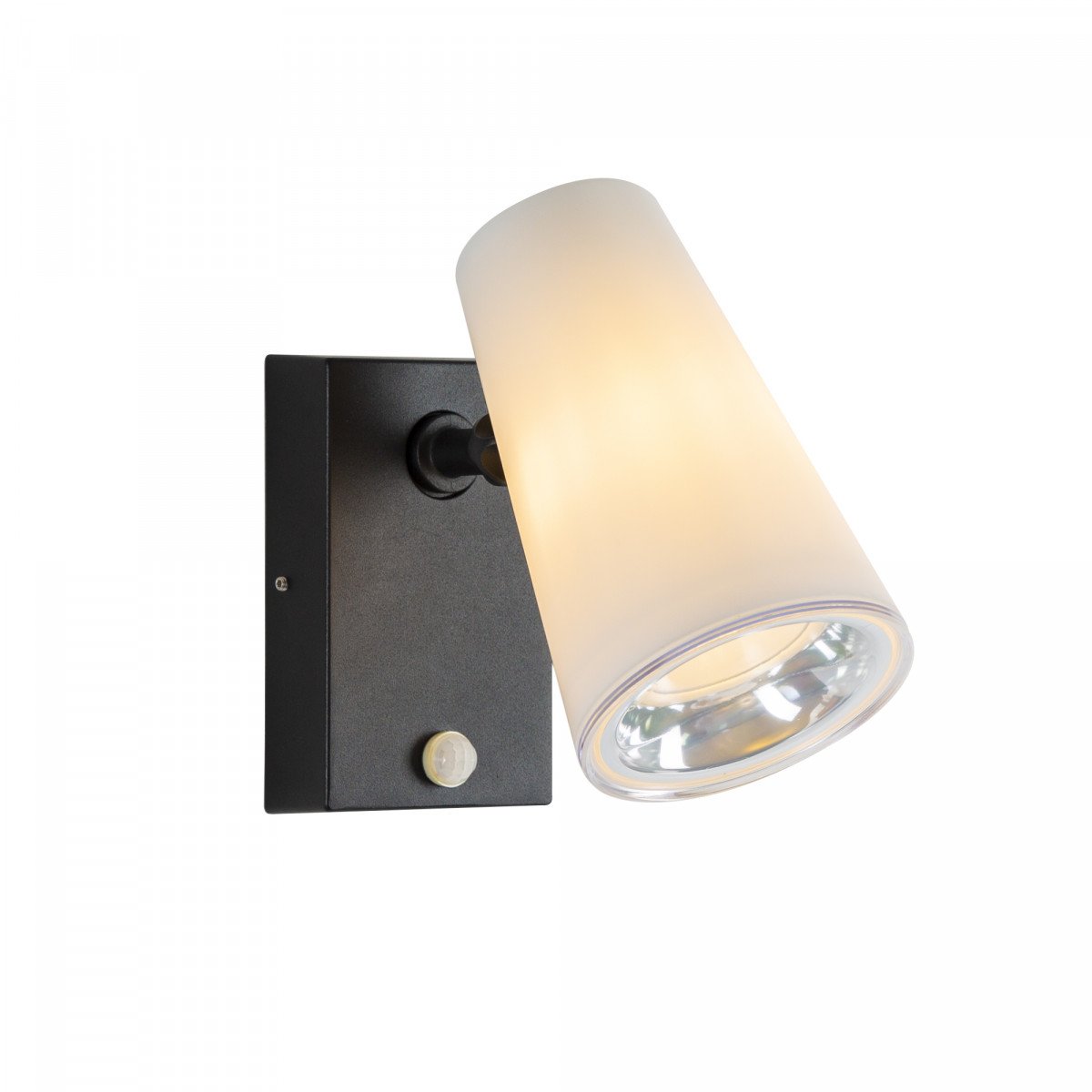 Verstelbare wandspot zwart/wit met sensor, buitenlamp met E27 fitting en gerichte bewegingsgestuurde verlichting.