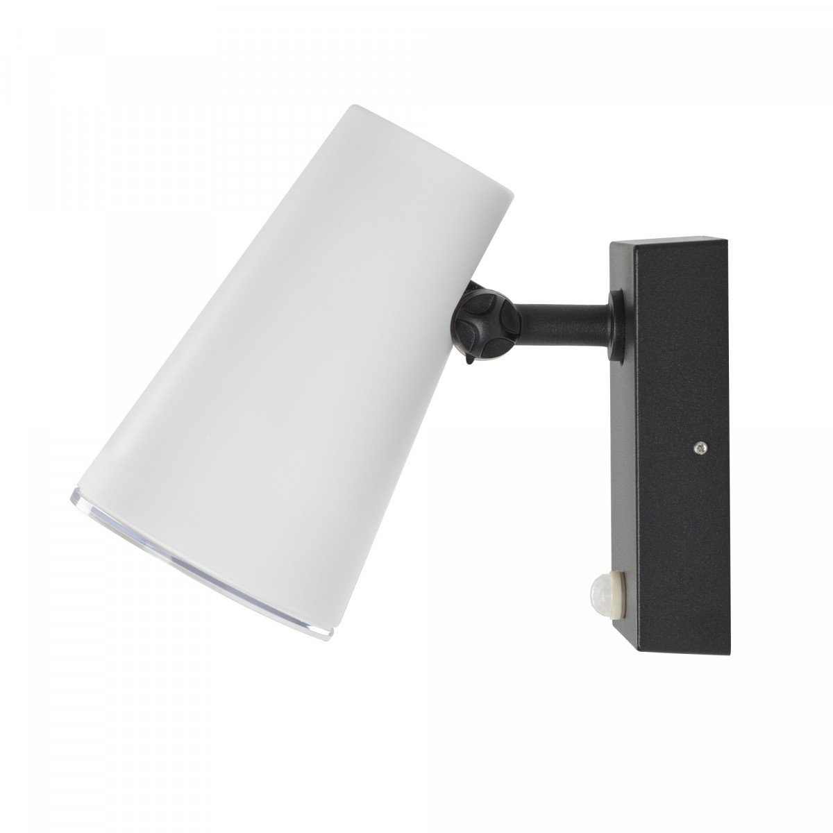 Verstelbare wandspot zwart/wit met sensor, buitenlamp met E27 fitting en gerichte bewegingsgestuurde verlichting.