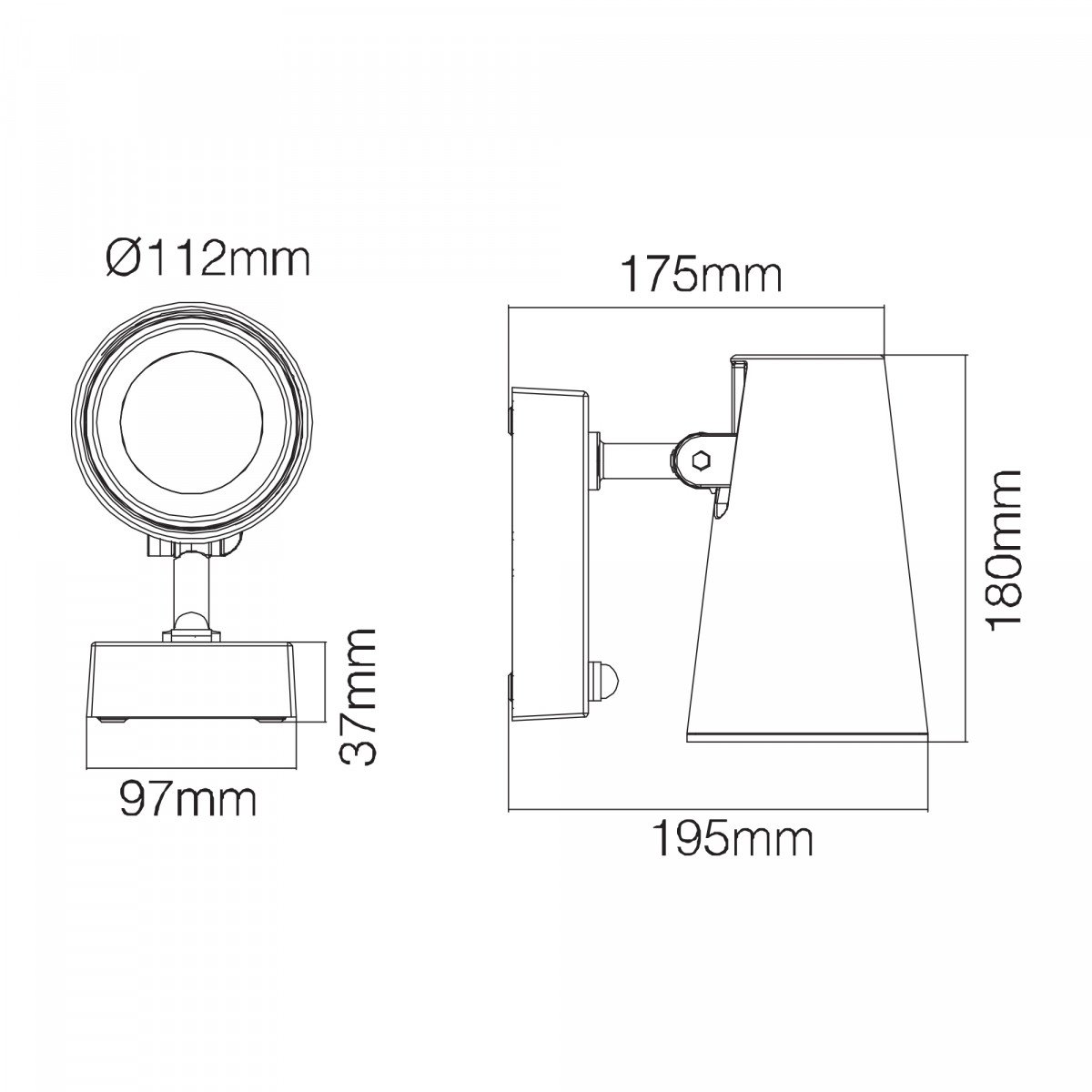 Verstelbare wandspot zwart/wit met sensor, buitenlamp met E27 fitting en gerichte bewegingsgestuurde verlichting.