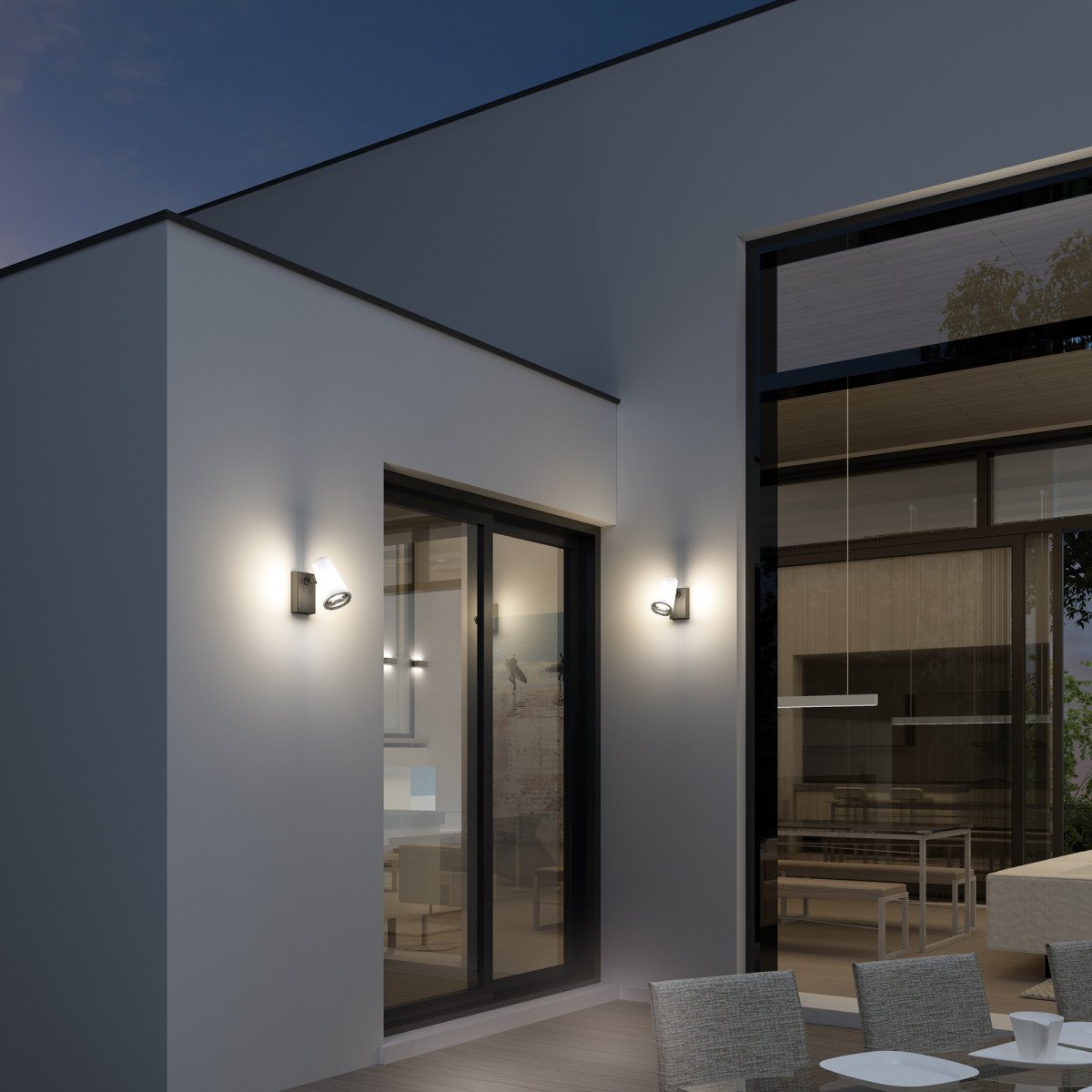 Verstelbare wandspot zwart/wit met sensor, buitenlamp met E27 fitting en gerichte bewegingsgestuurde verlichting.
