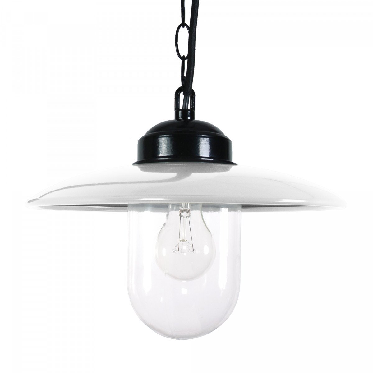 Solingen kettinglamp met witte aluminium kap en glazen stolp – buitenlamp voor overdekte montage