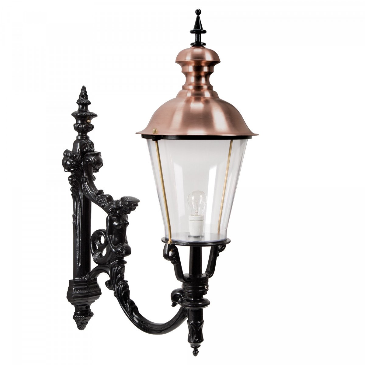 Muurlamp Royal XL met koperen deksel en sierlijke wandarm met klassiek motief