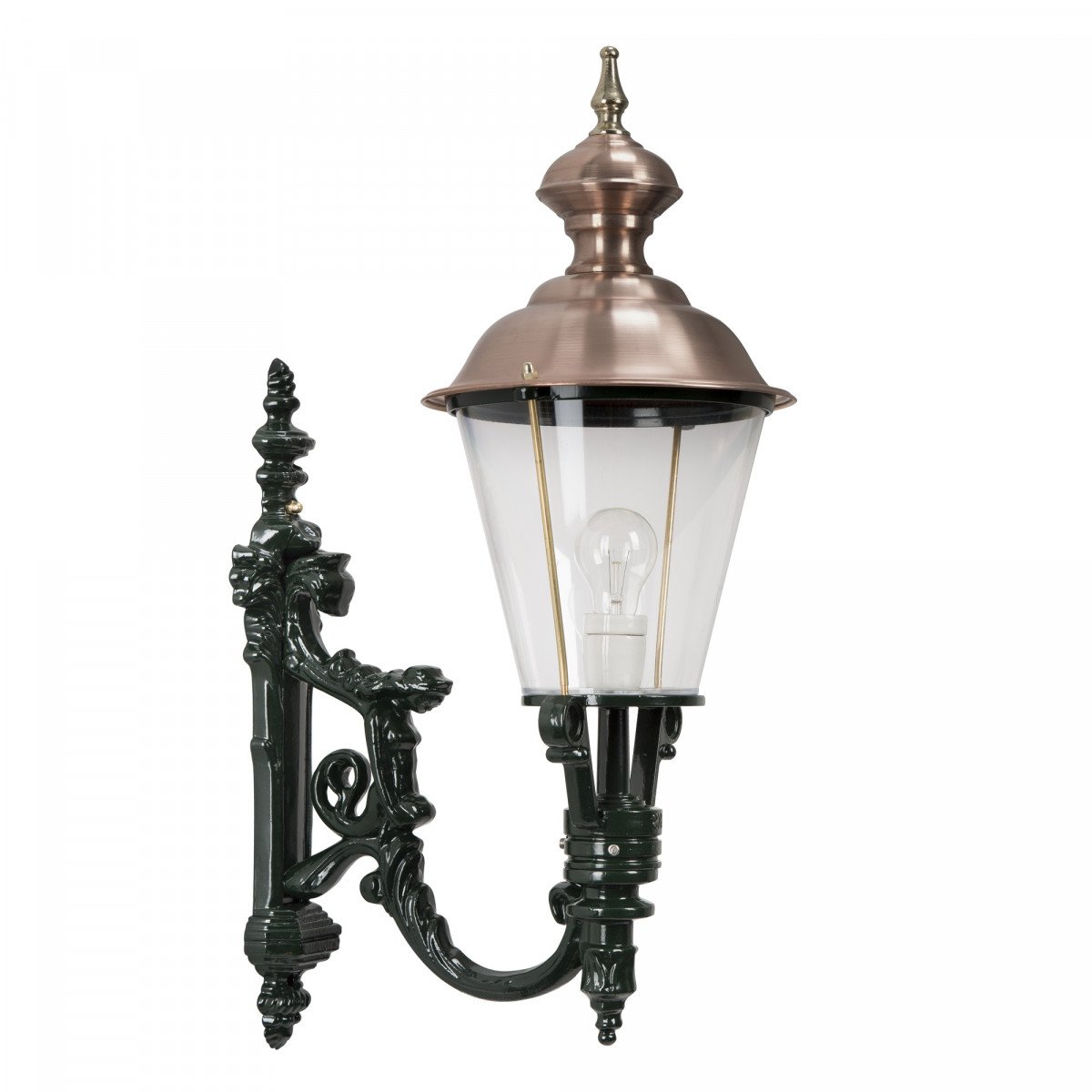 Muurlamp Royal L met koperen deksel, decoratieve wandarm en helder kunststof glas