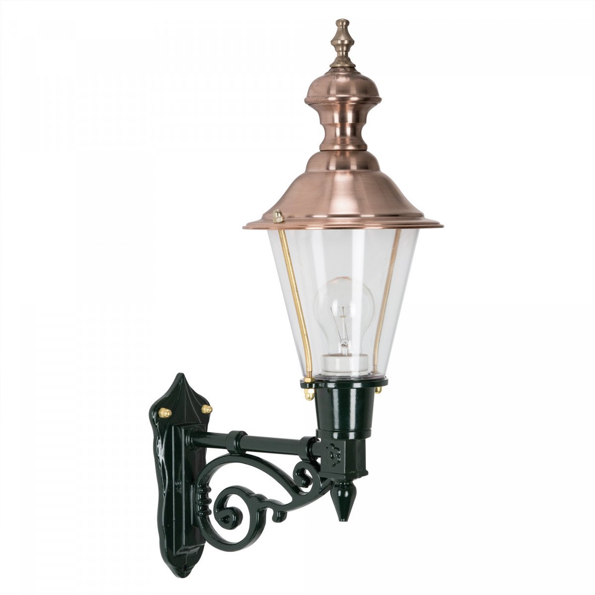 Buitenlamp Edam M met koperen deksel, groene wandarm en helder kunststof glas