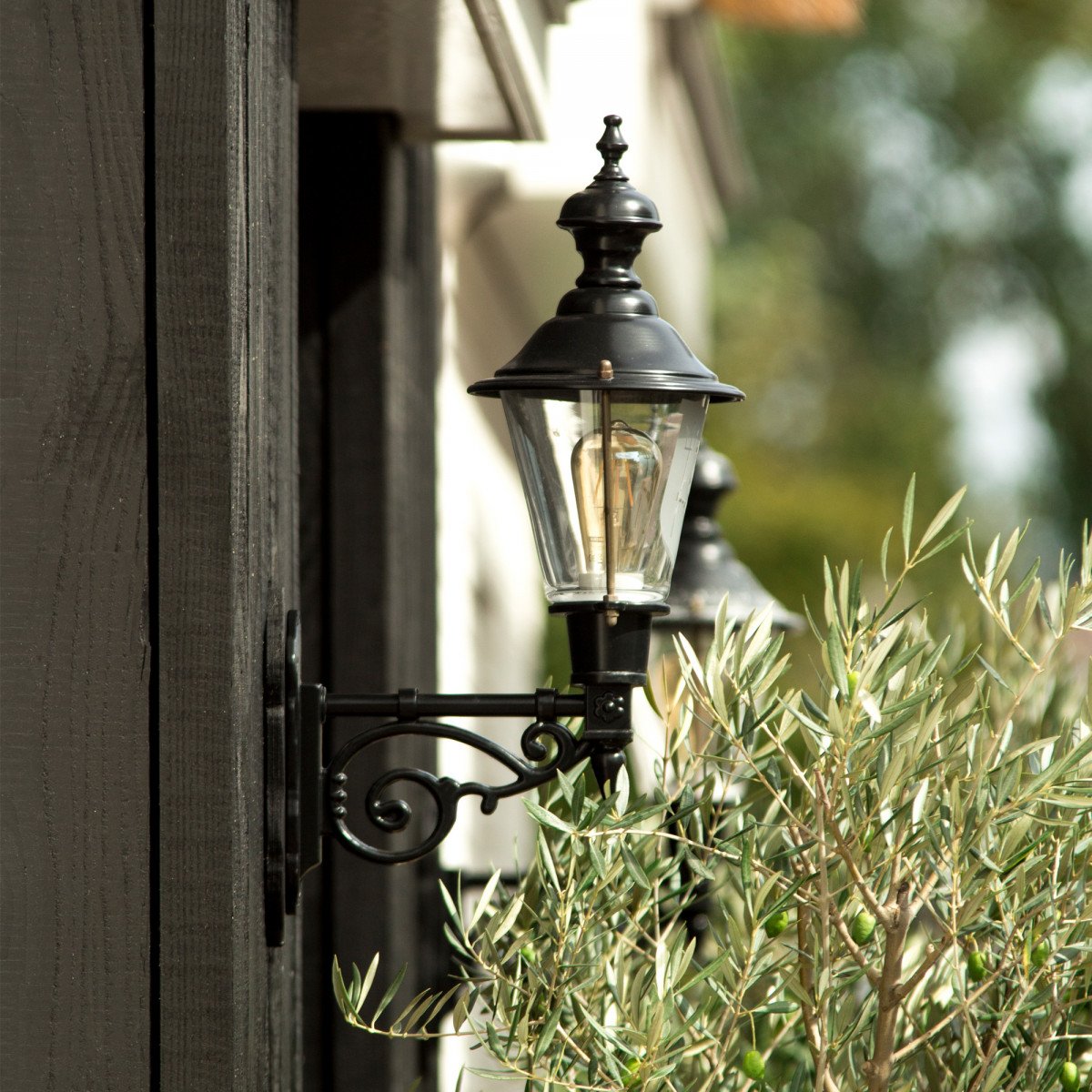 Buitenlamp Edam M met koperen deksel, groene wandarm en helder kunststof glas