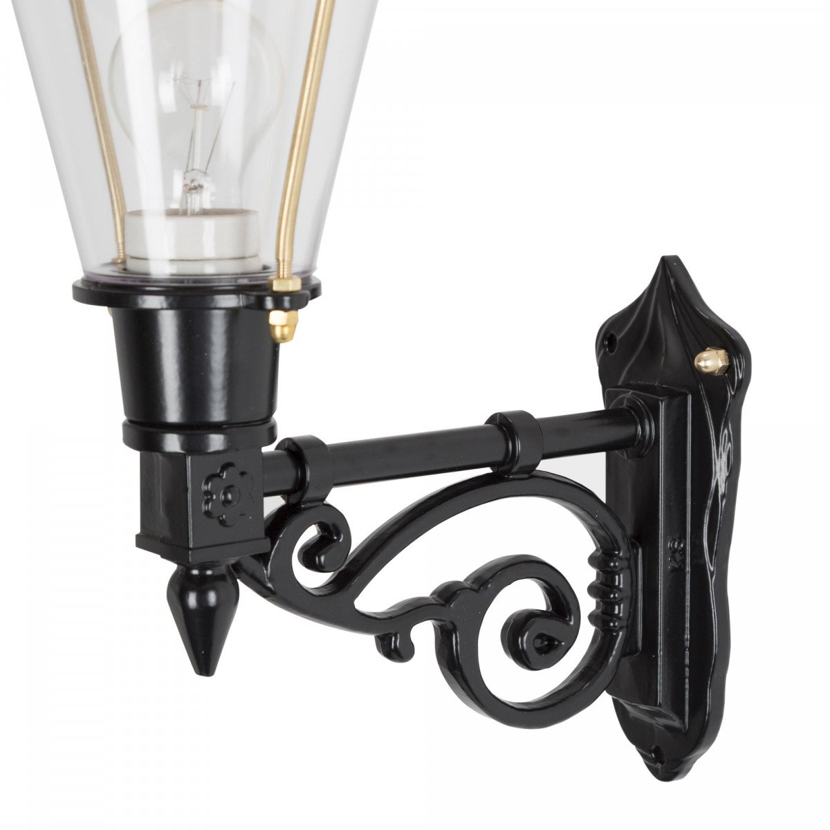 Buitenlamp Edam M met koperen deksel, groene wandarm en helder kunststof glas
