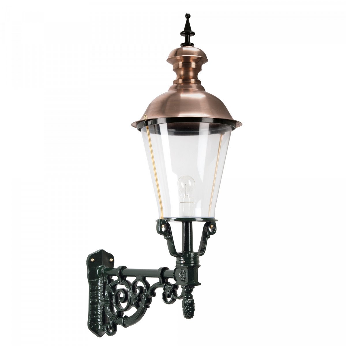Buitenlamp Amsterdam met koperen deksel en sierlijke zwarte wandarm