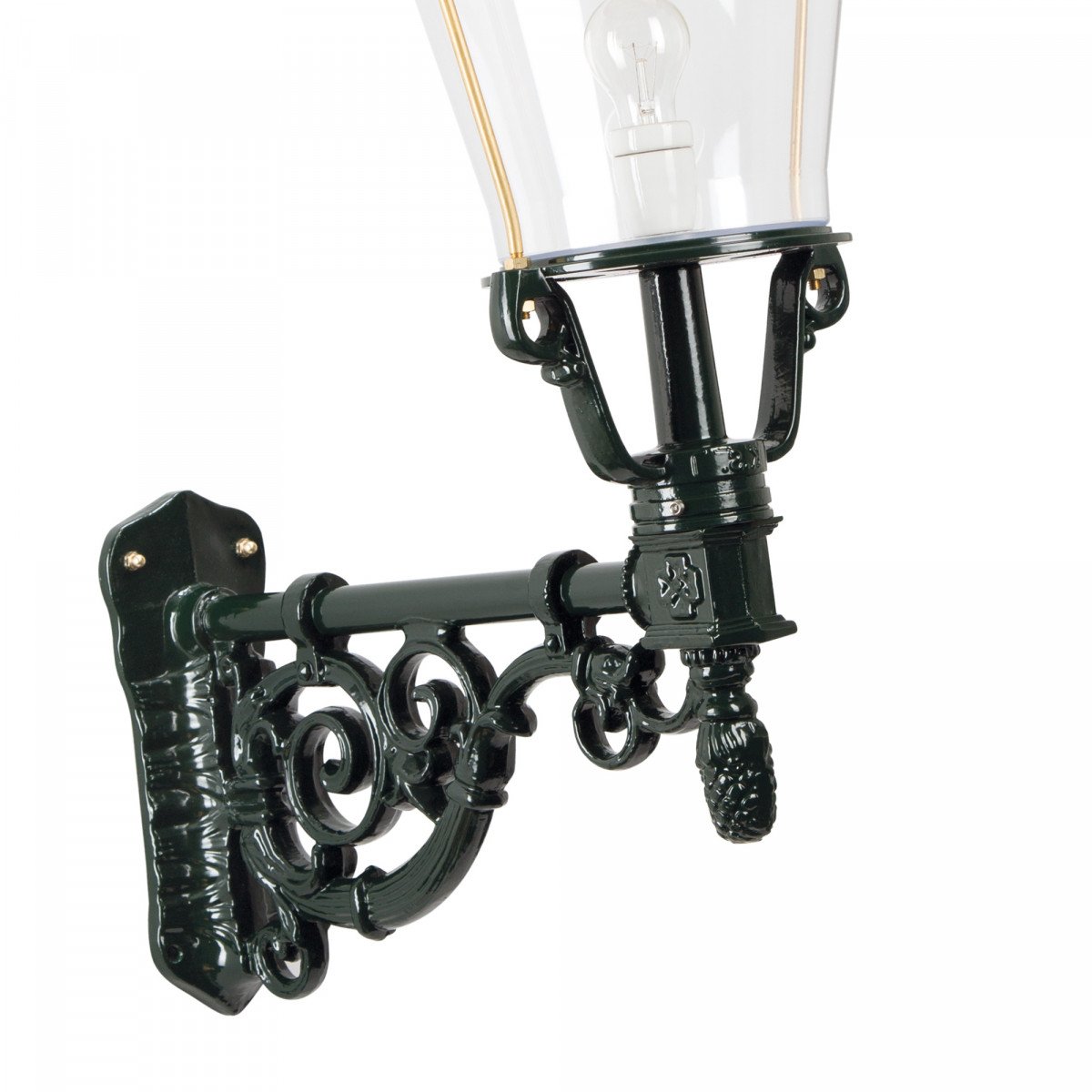 Buitenlamp Amsterdam met koperen deksel en sierlijke zwarte wandarm