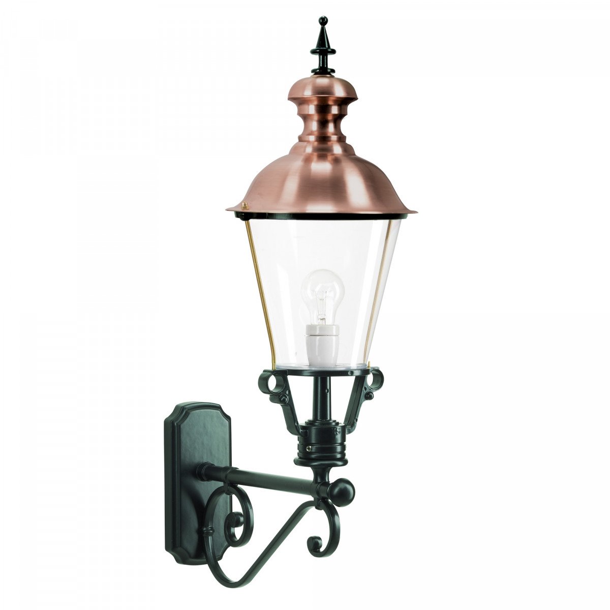 Buitenlamp Notaris L – klassieke wandlamp met sierlijke arm, koperen deksel en heldere beglazing, zwart gelakt aluminium
