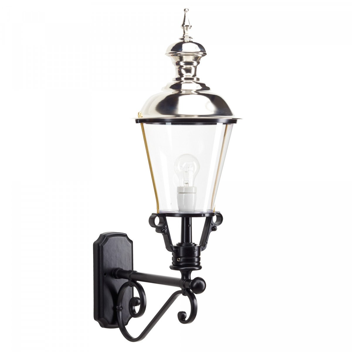 Buitenlamp Notaris L met verchroomde deksel en helder glas, zwarte wandarm