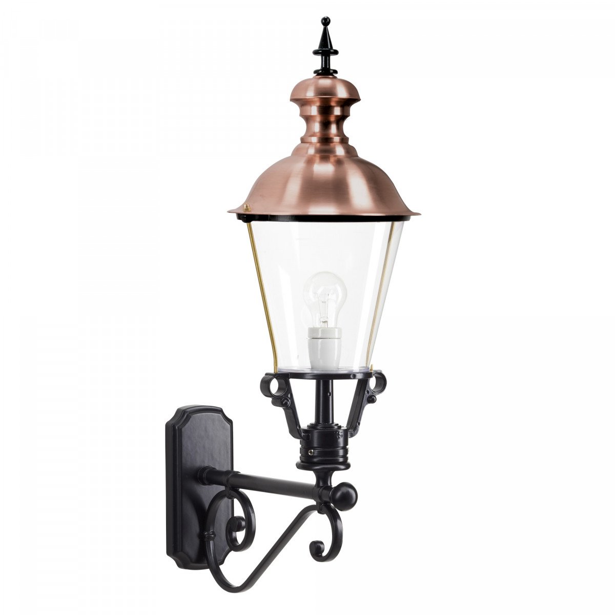 Buitenlamp Notaris L – klassieke wandlamp met sierlijke arm, koperen deksel en heldere beglazing, zwart gelakt aluminium