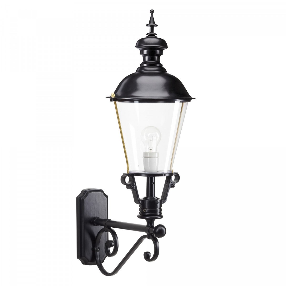 Buitenlamp Notaris L – klassieke wandlamp met sierlijke arm, koperen deksel en heldere beglazing, zwart gelakt aluminium